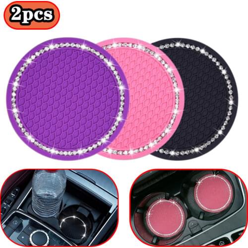 2pcs Bling Acrylic Diamond Car Coaster PVC Travel Auto Cup Mats Insert Coaster Anti Slip Crystal Vehicle Interior Accessories