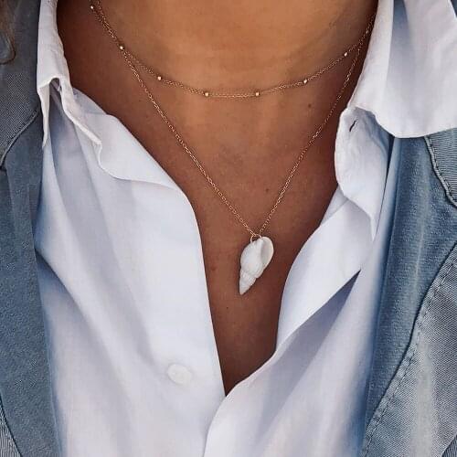 2 Pcs/Set Classic Beach Conch Bead Chain Gold Pendant Double Layer Long Necklace Women Fashion Casual Clothing Jewelry Gift
