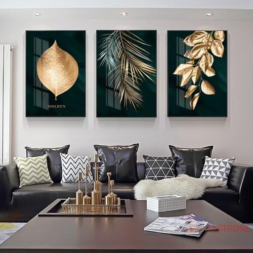 Abstract Decorative Picture Golden Leaf Painting Wall Art Poster and Print Canvas Pictures for Living Room Home Decor