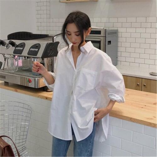 Fashion 2021 Spring Autumn Women Shirts White Plain Loose Oversized Blouses Female Tops Loose Korean Style Blusas Pockets PZ3664