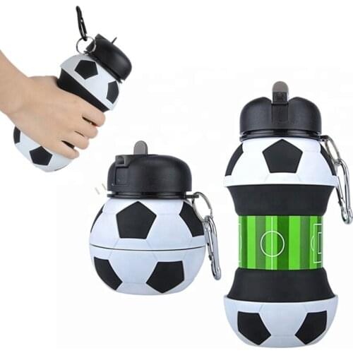 Football Shaped Water Bottle Foldable Silicon Rubber Sports Drinking Cup Leak Proof Portable Drinkware Kids Sports Bottle 550ml
