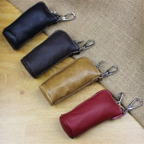 Key Bag Genuine Cow Leather Buckets Key Cases Pouch Zipper Keychain Auto Car Key Case Bag Women Home Key Holder