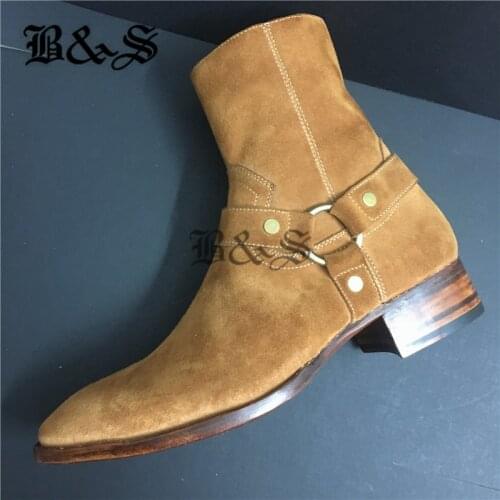 Black& Street Top Customized GOODYEAR Handmade Luxury real Leather Sole Quality wedge Boots Buckle Strap Harmess men Boots