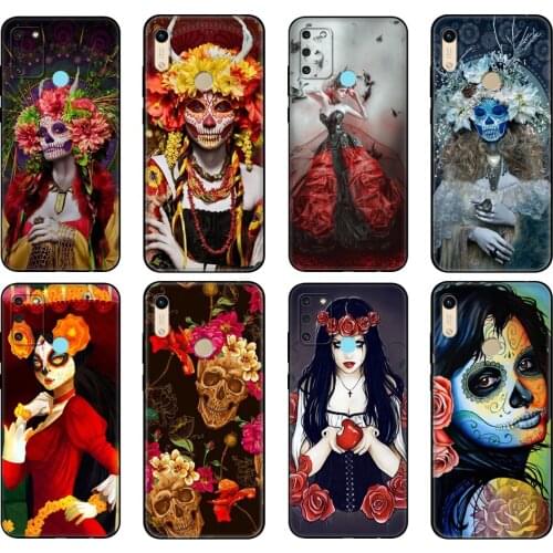Black tpu Case For Honor 8a Prime 8s 9 10X Lite 9A 9C 9X Premium Pro 9S Case Cover Catrina beautiful rose girl Skull Art Perfect