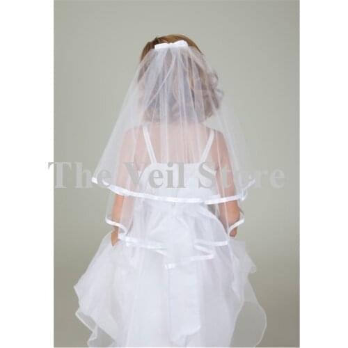 Satin Edge Wedding Flower Girls First communion Veils With Comb Bows White Ivory Children Kids Veils Voiles Fille velos de Novia