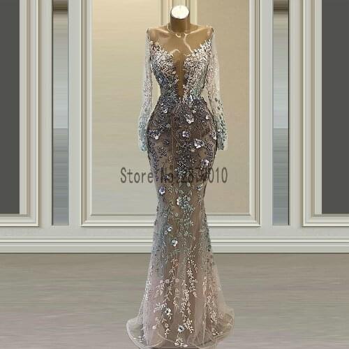 Dubai Illusion Long Sleeve Mermaid Evening Dresses O Neck Sexy Luxury Heavy Beading Evening Gowns