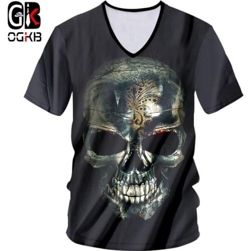 OGKB V-neck Tshirt Black Summer Tops Women/men Print Skull 3D T-shirt Cool T Shirts Unisex Slim Fit Short Sleeve Casual Tees 7XL