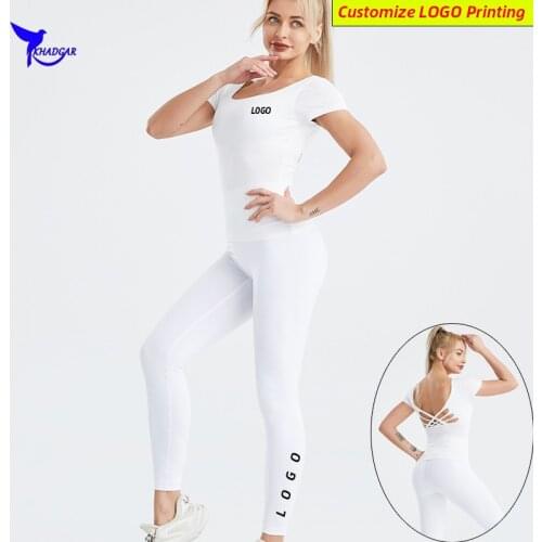 Custom LOGO 2 Pcs Built-in Bra Sports Suit Quick Dry Fitness Tights+Backless Short Sleeve Running Shirt High Waist Gym Yoga Set