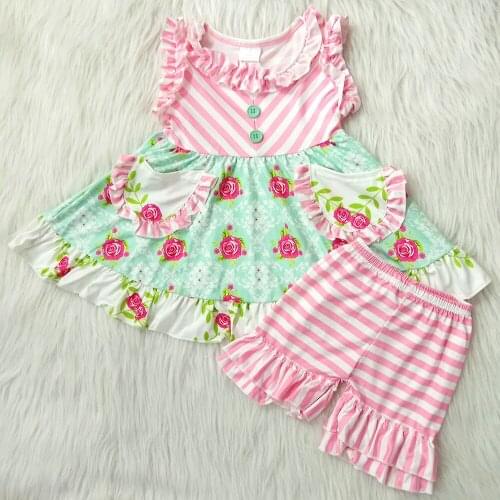 Fashion flower pattern outfits girls high quality summer t shirt+pink striped shorts childrens sets pocket toddler clothes