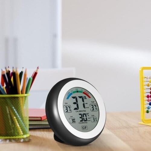 Multifunctional LCD Digital Thermometer Round Touch Screen Home Hygrometer Clock Min/Maximum Records ℃/℉ Switch Home Car Office
