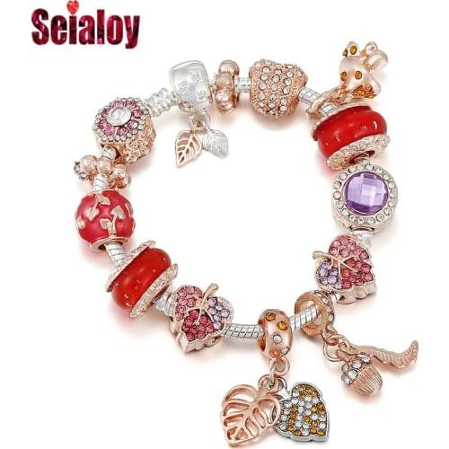 Seialoy Fashion Rose Gold Leaf Charm Bracelets For Women Original Res Crystal Glass Beads Mushroom Pendant Bracelet Jewelry Gift