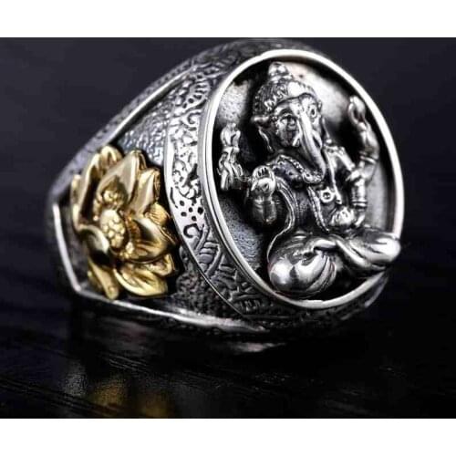 Thailand Buddha Elephant Nose Fortuna Lotus Ring S925 Sterling Silver color Men Ring Retro Punk Style Men Thai silver Jewelry