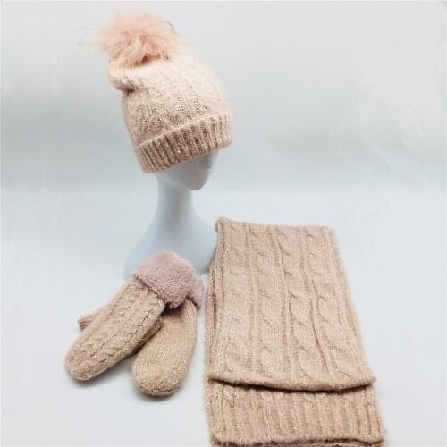 Women Solid Knitted Scarf Hat Glove Set Winter Beanie with Removable Real Fur Pompom Female Mitten with Faux Fur Lining