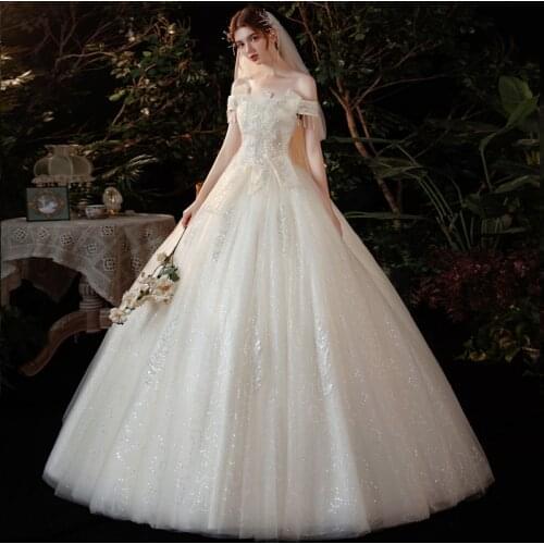 2021 New Boat Neck Wedding Dress Luxury Beading Sequins Shining Ball Gown Plus Size Custom Made Bridal Dress Robe De Mariee
