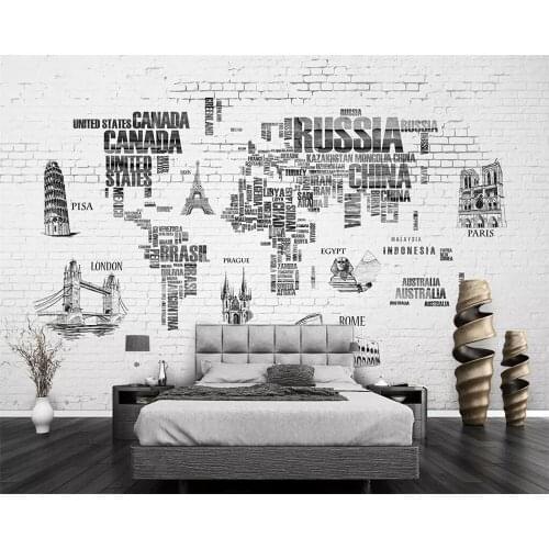 Beibehang Custom wallpaper world map hand drawn nordic tv background white brick alphabet living room bedroom mural 3d wallpaper