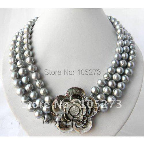 18-20inchs 3 Strands 10-11mm Gray Color Genuine Freshwater Pearl Necklace Beautiful Shell Flower Clasp New Free Shipping FN1615