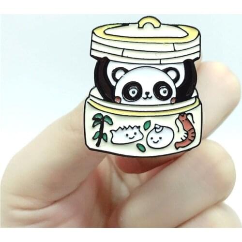 Panda Bun Metal Enamel Brooch Cute Cartoon Dumpling Steamer Badge Pin Chinese Character Trendy Costume Backpack Jewelry Gift