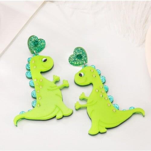 Cute Cartoon Green Dinosaurs Drop Earrings For Women Lovely Glitter Animal Dangle Earrings Gift