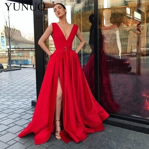 YuNuo A-line Deep V-neck High Slit Sexy Evening Dresses 2019 Long Satin Women Formal Gowns robe soiree femme N27