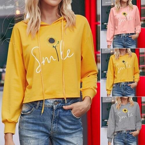 Womens Hoodie Long Sleeve Drawstring Smile Print Short Sweatshirt Short Tops