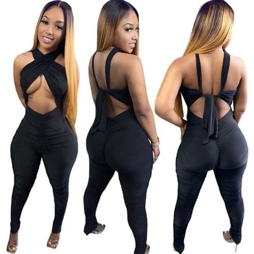 Sexy Bra Strap Long Jumpsuit Women Bandage Backless Rompers Clubwear Stacked Pants Summer Party Wear 2021 Clothings Overalls