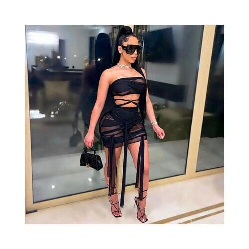 Summer Sundresses Skirts For Women Pure Color Mesh Cross Straps Sexy Two Piece Set Women Skirt Party Club Vacation Beach