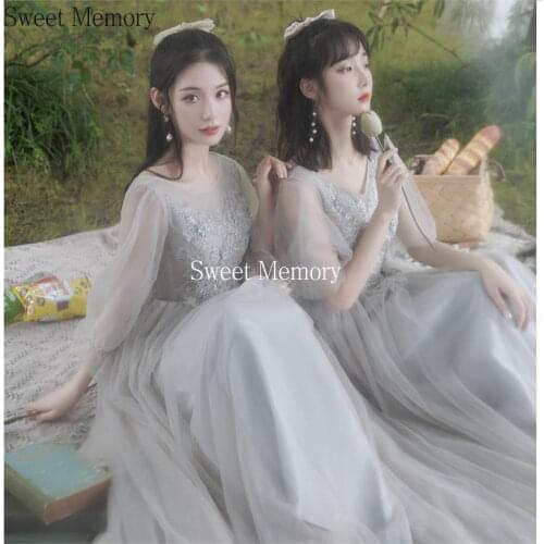 U088 2021 Floor-Length Illusion Long Sleeve Gray Bridesmaid Dresses Appliques Lace Graduation Vestidos For Women Sweet Memory