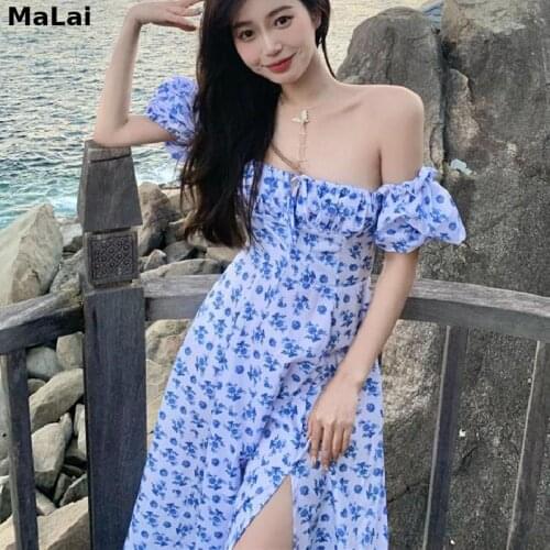 Women Sweet Kawaii Korean Backless Sexy Split Midi Dress Summer Elegant Floral Dress Female Casual Slim Puff Sleeve Party Dress