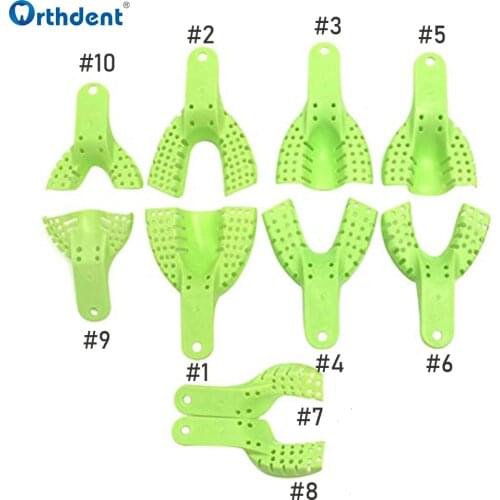 10 pcs/set Dental Impression Tray Autoclavable Dentist Supply Teeth Whitening Green Teeth Plastic Metal Materials