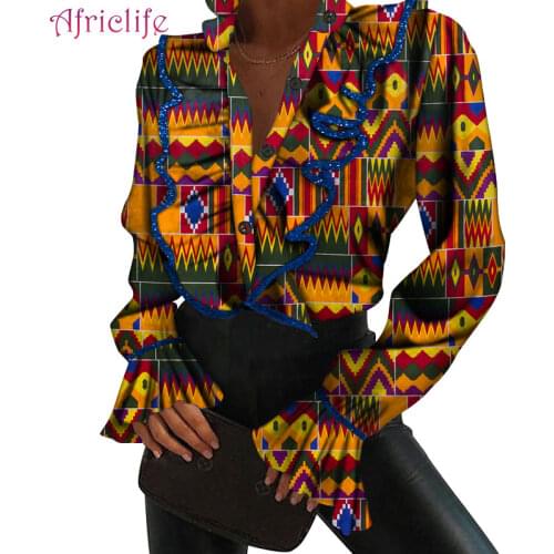 African Shirt Women Turn-down Collar Traditional Print Ankara Blouse Lady Tops Outwears Plus Size Dashiki Female Outfits WY8824