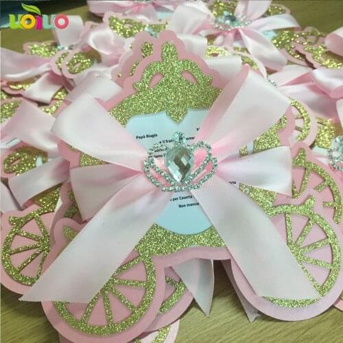 Glitter gold with pink card lovely laser cut unique Carriage baby kid birthday invitation cards with crown buckle,tied pink bow
