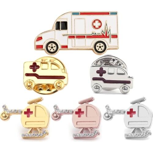 Medical Brooch Hospital Red Cross Ambulance Enamel Pin Helicopter Aircraft Badge Gifts for Doctor Nurse Medical School Student
