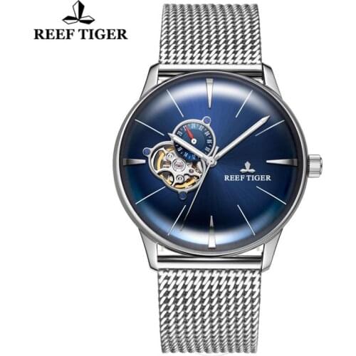 Reef Tiger/RT Top Brand Luxury Business Watch Mens Blue Automatic Watches Tourbillon Waterproof Fashion Mesh Steel Band Clock