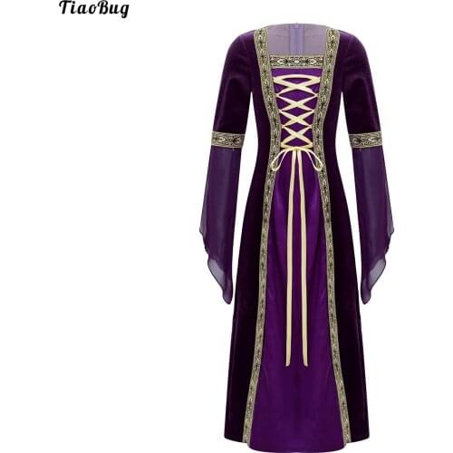 TiaoBug Kids Girls Renaissance Party Dress Long Sleeve Front Straps Self Tie Vintage Royal Court Pattern Embroidered Long Dress