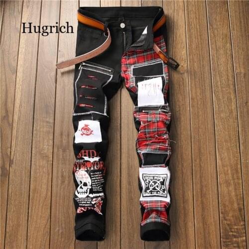 Mens Jeans Zipper Patch Red Scottish Plaid Print Jeans High Street Slim Denim Pants Cool Fashion Cargo Streetwear Male