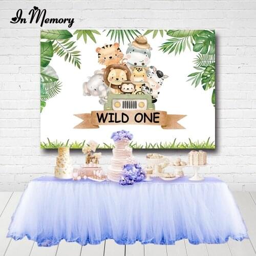 InMemory Wild One Backdrops Green Leaves Animals Lion Elephant Tiger Car Boys Safari Jungle Birthday Photography Backgrounds