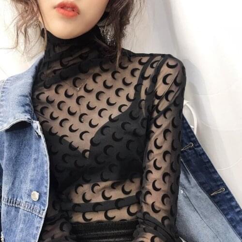 Spring Fall Sexy Mesh See through Moon T Shirt Fashion Women Long Sleeve Turtleneck T-shirt Female Base Top Tees