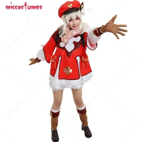 Genshin Impact Klee Four Leaf Clover Red Hoodie Dress Pom-pom Fullset Cosplay Costume Red Newsboy Cap and Shoes Covers