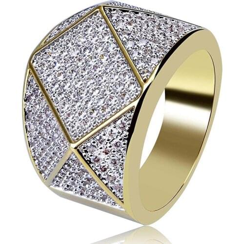Hip Hop Micro Pave AAA Cubic Zirconia Bling Iced Out Gold Geometric Rhombus Rings for Men Women Rapper Jewelry
