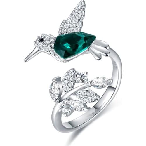 COCOM 925 Sterling Silver Hummingbird Adjustable Ring for Women with Green Austrian Crystal Luxury Wedding Jewelry in Gift Box