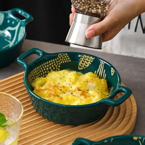 LingAo Relief-glazed ceramic restaurant double ear round baking bowl household soup bowl salad bowl noodle bowl