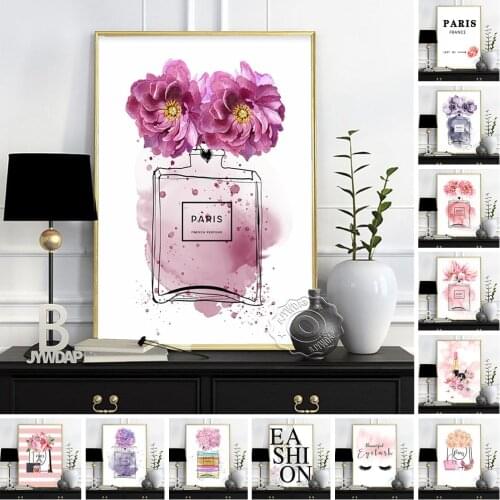 Fashion Illustration Watercolor Floral Prints Art Poster, Flowers Paris Perfume Canvas Painting, Minimalist Wall Decor Girl Gift