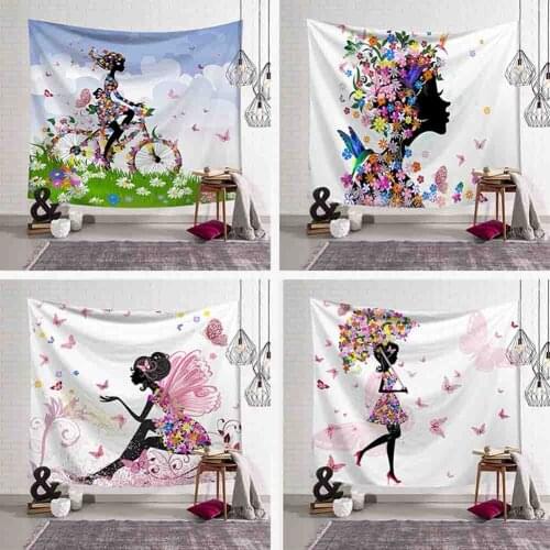 Butterfly Wall Hanging Tapestry Cartoon Girl Pink Wing Bird Umbrella Bicycle Wall Art Decor Blanket Beach Yoga Mat Table Cloth