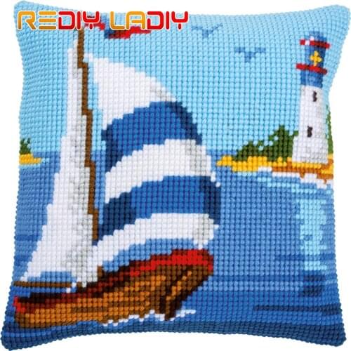 DIY Cross Stitch Cushion Cover Sailboat Pillow Case Pre-Printed Canvas Acrylic Thick Yarn Crafts Cross-stitch Needlepoint Kits