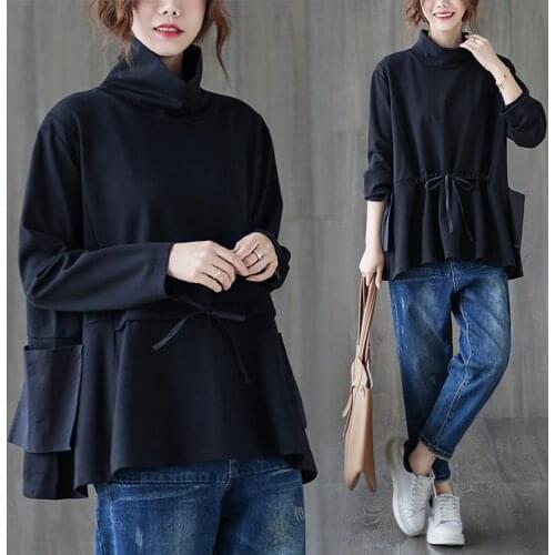 New womens literary plus size womens long-sleeved Sweatshirt loose mid-length and thin top fashion Pullover