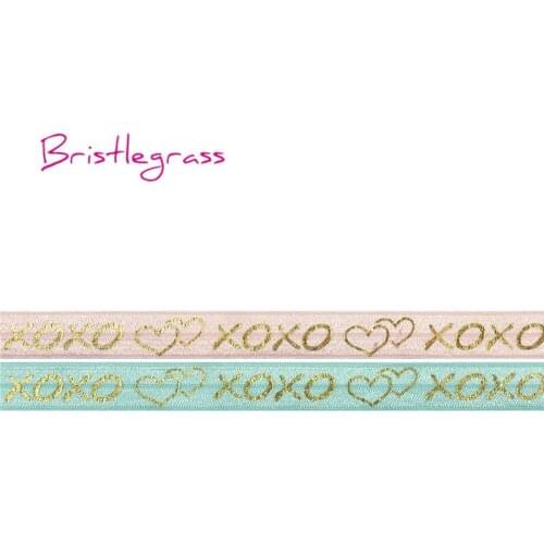 BRISTLEGRASS Wholesale 50 Yard 5/8" 15mm Gold XOXO Love Heart Foil Print Foldover Elastic FOE Spandex Band Headband Dress Sewing