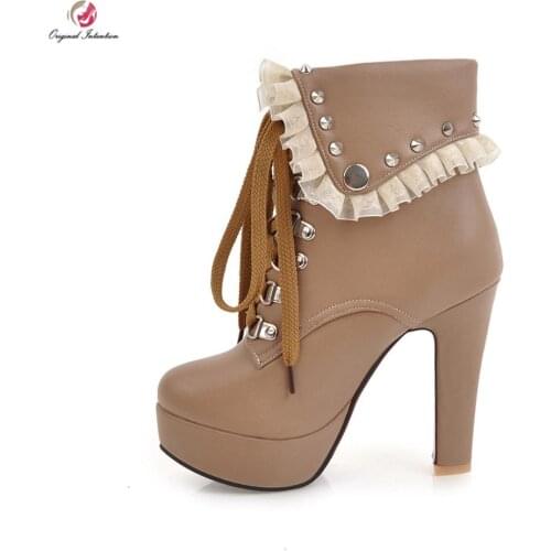 Original Intention Casual Rivet Metal Buckle Ankle Boots Ladies Shoes Round Toe Concise Lace-Up heels Mature Woman Size 4-16