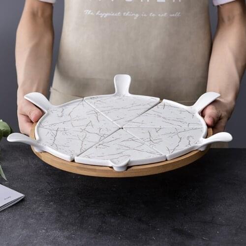 6pcs Luxury Ceramic Gold Pattern Pizza Tray with Rotating Base Household Ceramic Square Cake Dessert Flat Plate Hotel Tableware