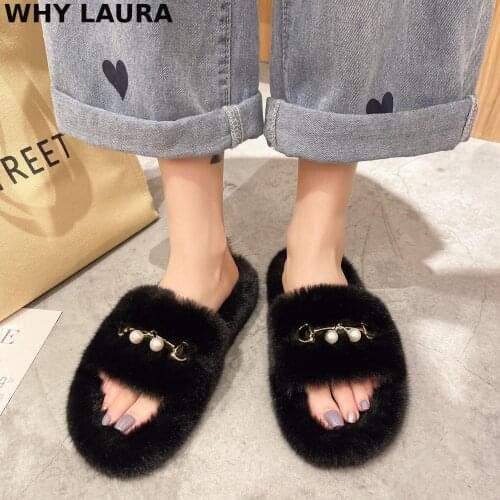 Spring and autumn plush slippers fashion peep-toe solid color womens sandals pearl indoor casual womens shoes large size