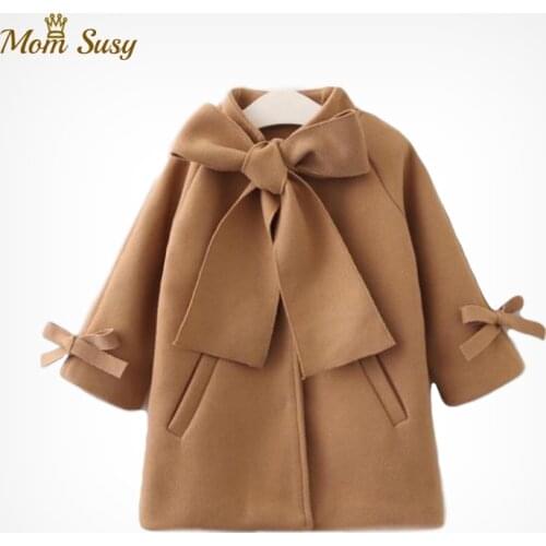 Baby Girls Wool Coat Long Warm Toddle Kids Jacket Bowknot Girl Trench Coat Spring Autumn Winter Baby Outwear Clothes 2-12Y